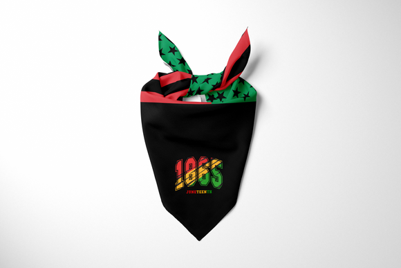 Juneteenth bandana with 1865 on a black background. Flag with green, black and red on reverse side.