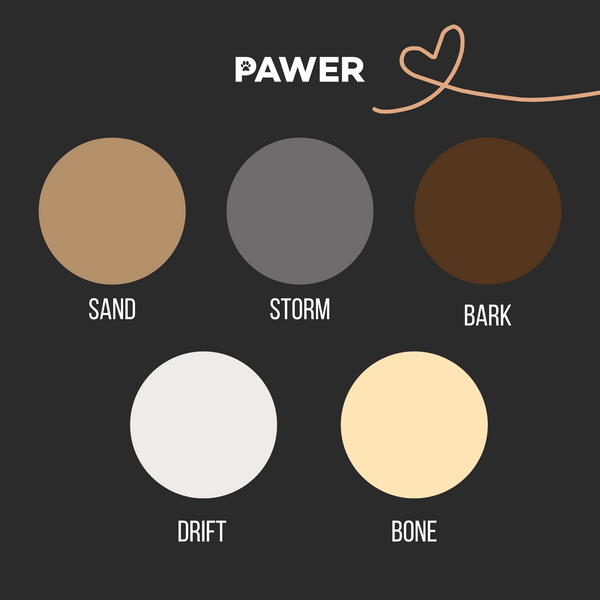 Color swatches labeled 'Sand', 'Storm', 'Bark', 'Drift', and 'Bone' with the brand 'PAWER' at the top.